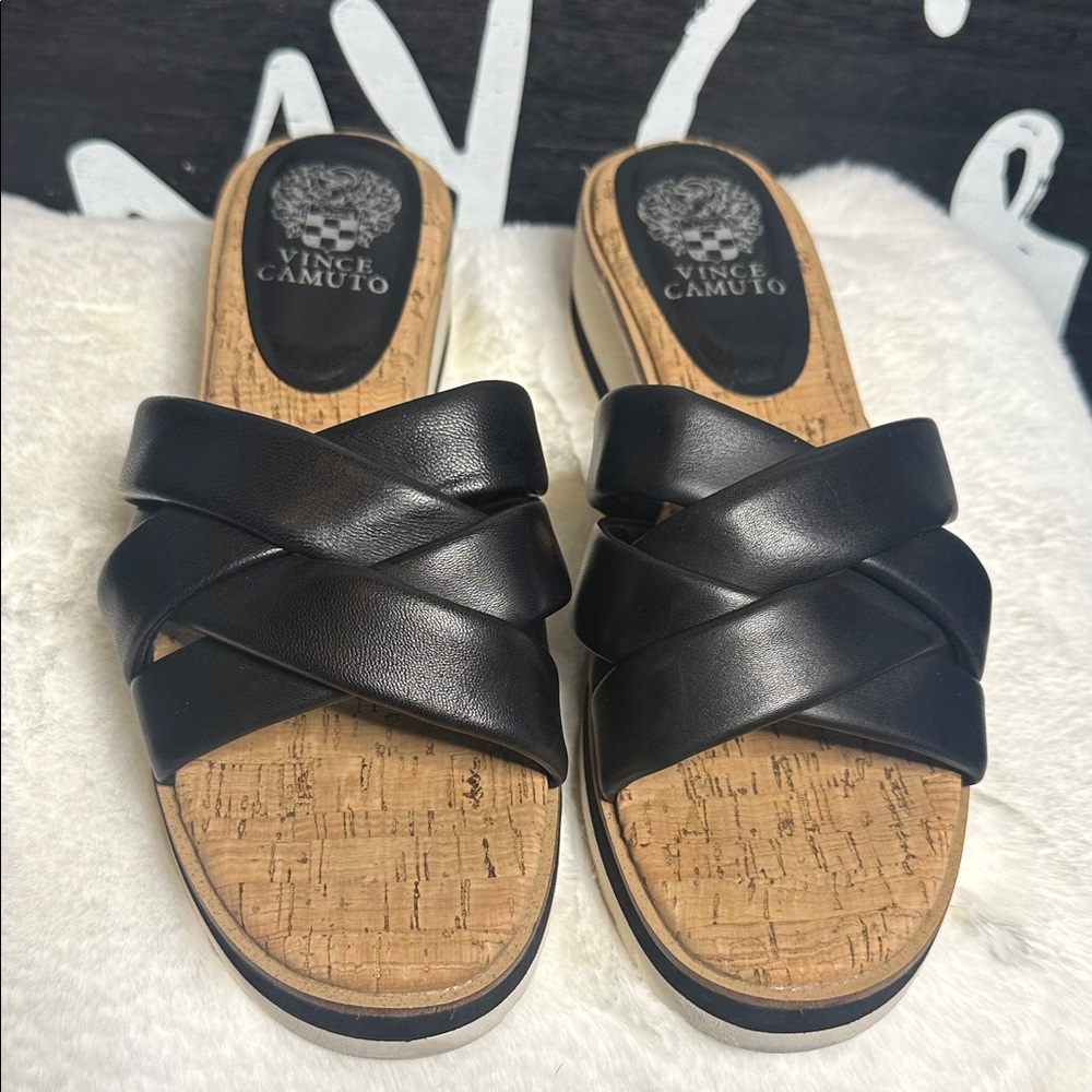 Vince Camuto Black Crisscross Slide Sandals